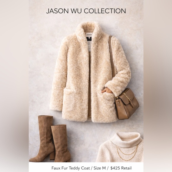 Jason Wu Collection Faux Fur Teddy Coat Ivory Wheat Stand Collar Sz M $425 - Picture 2 of 12
